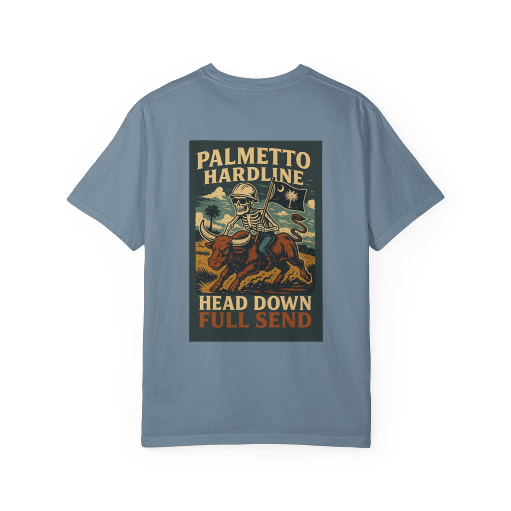 T-Shirt — Palmetto Hardline “Head Down Full Send” Skull Riding Bull Graphic