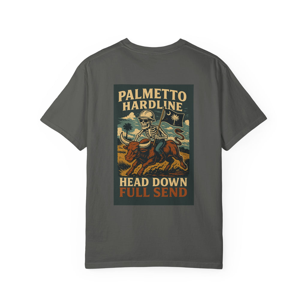 T-Shirt — Palmetto Hardline “Head Down Full Send” Skull Riding Bull Graphic