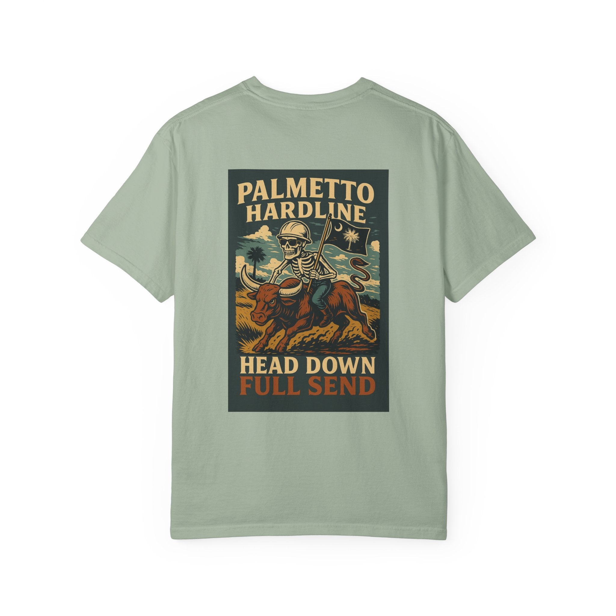 T-Shirt — Palmetto Hardline “Head Down Full Send” Skull Riding Bull Graphic