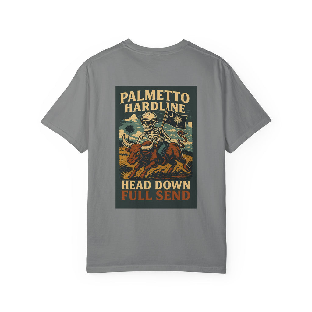 T-Shirt — Palmetto Hardline “Head Down Full Send” Skull Riding Bull Graphic