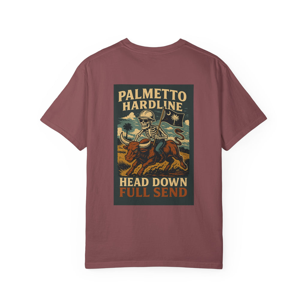 T-Shirt — Palmetto Hardline “Head Down Full Send” Skull Riding Bull Graphic